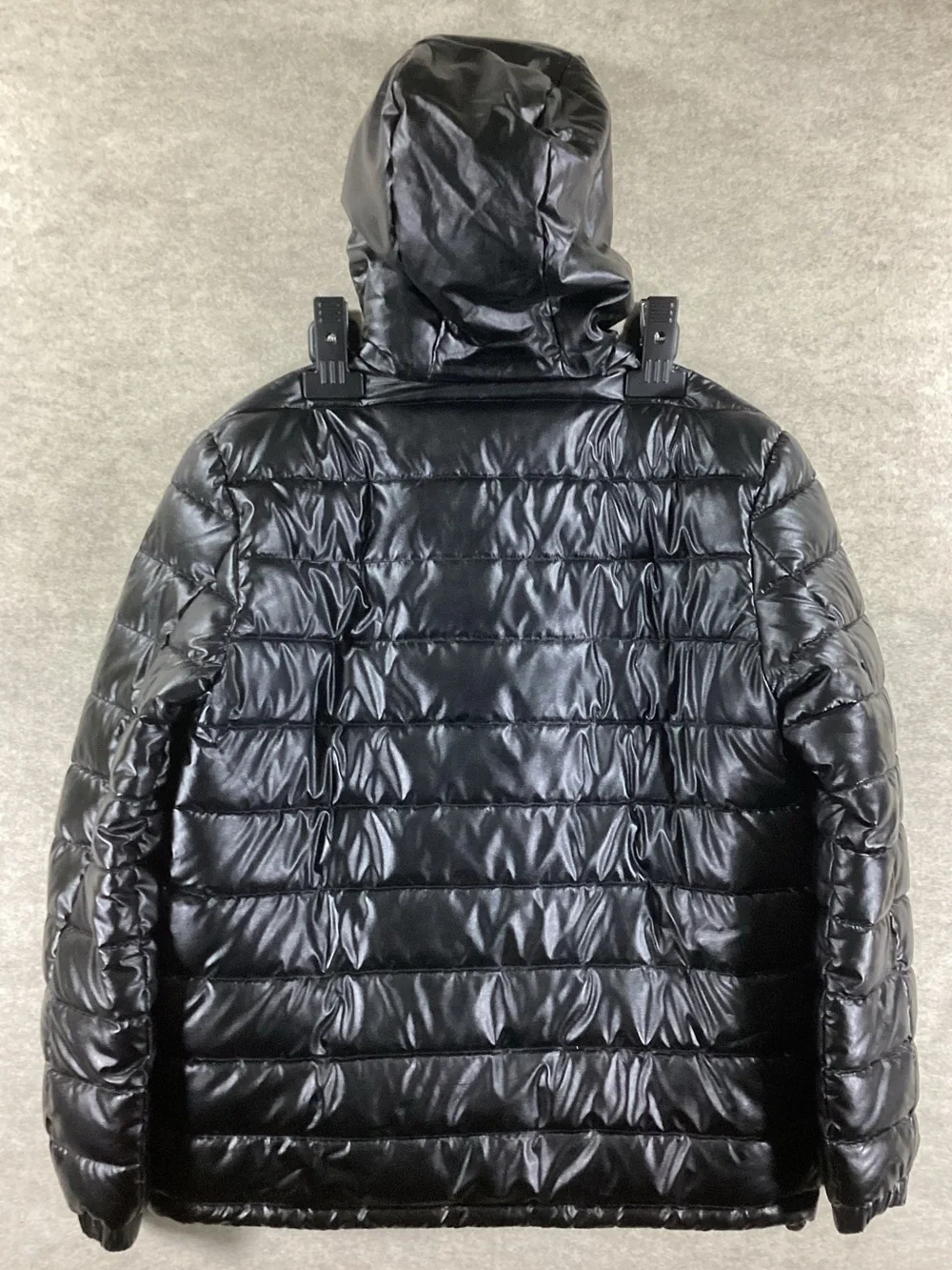 Cole Haan Black Quilted Faux Leather Hooded Puffer Jacket